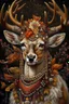 Placeholder: Beautiful deer portrait I amazing ly detailed textured botanical fur and textured skin adorned with berries, autumn ginger and orange leaves and white camelia flower, and copper beads and pearls rococ style headress, wearing humanoid rococo floral detailed ornate lace style costume organic bio spinal ribbed detail of moonlight background extremely detailed hyperrealistic maximálist concept art