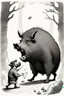 Placeholder: book illustration, With the wild boar snorting, our brave dwarf stumbled. On day two, he regrouped, plotting a clever scheme, With a giant cheese wedge, he lured it like a dream.