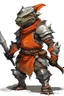 Placeholder: Very young silver dragonborn fighter with a battlered helmet with an orange visor Holding a rapier and a small shield, wearing rugged clothes