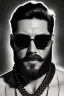 Placeholder: Artistic photo in the audacious style of Jill Greenberg, of man with a luxurious and striking style, abundance of jewelry, oversized square one-piece sunglasses,black beard, prints, extravagant, baroque scene , impasto style with thick textured strokes