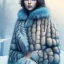 Placeholder: Woman in fur coat, ice, blue, forest, snow, beautiful, mountain, masterpiece, expert, 8K, hyperrealism, sharp focus, cinematic lighting