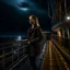 Placeholder: The camera captures from front ,1girl official clothing standing on deck of a luxury huge ship with several floors looking at camera in night on stormy ocean. The dynamic lighting in the stormy sky.