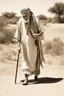 Placeholder: An old man wearing an Arabic keffiyeh, his back bent, walking barefoot, holding his cane upside down, looking back and holding his shoe in his hand.