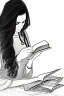 Placeholder: Pencil sketch of Young woman, Arab features,sad, long wavy hair, reading a book, full body، on lined paper