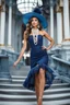 Placeholder: full body beautiful girl, elegant blue lace clothes of the 80s, luxury style, small elegant hat with feather, hair of the 80s, pearl necklace, earrings masterful, beautiful face