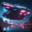 Placeholder: highly detailed old large space ship floating on river , subtle blue subtle pink lights , blue exhaust, antennas, luminescent , 35 mm focal length