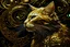 Placeholder: a painting of a cat on a black background, gold striated swirling finish, style of ian hubert, golden organic structures, made out of shiny white metal, avatar image, kenny mcbride, an anthro cat