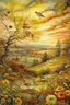 Placeholder: Art by joachim beuckelaer, Watercolor Vintage Style, vintage, full sunset, an ultra hd detailed painting of autumn, full moon, golden clouds, birds at the sky, decent wildflowers, orange and golden clouds, "art style that combines the elegance of line art with the vibrancy of watercolor wash. The artwork is highly detailed, with sharp focus and smooth transitions. The overall feeling is dynamic and highly polished, influenced by the works of Carne Griffiths, Wadim Kashim, an