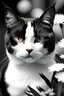 Placeholder: Black and white Portrait of a cat with background flowers, thick lines, --ar 9:11