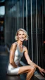 Placeholder: beautiful anorexic ukrainian woman, total shot, shiny silver triathlon swimsuit, short blond wavy bob hair, blurred city background, smiling