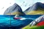 Placeholder: Colored pencil drawing of Norway, mountains, ocean, small fisher boat, very detailed, realistiv