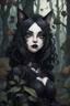 Placeholder: CAT GIRL, goth, forest, nature, cartoon, leaves, boobs, portrait, colour image