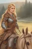 Placeholder: A drawing of beautiful woman with blond hair, viking braids Brown leather armor. Horse