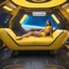 Placeholder: Alexandra in two-pieces yellow bikini rests on the sci-fi sofa in her cabine of the spaceship