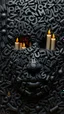Placeholder: Bosch style painting , A balled face in details . The texture of the face is a collage of many 3D black random letters covering the whole face and the eyes are covered by shadows of 3D candles