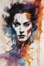 Placeholder: an abstract portrait with fine ink outlining of a 16th century vampire sorceress , in the imagery-stain painting style of Helen Frankenthaler, rich natural colors, museum quality masterpiece