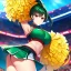 Placeholder: Clear focus,High resolution,High quality, Dark Green Ponytail hair, Red eyes, Cheerleading