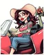 Placeholder: Consuela Mexican woman in a tank-top and jeans, illustrated in a RAT Fink Ed Roth's monsters Style driving a convertible car, big head with small body, cholla with face tattoo, cartoon kissy lips, rat fink t-shirt composition, 2 color silkscreen