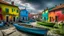 Placeholder: Venecia: la isla de Burano con sus casas de colores, estilo de Hokusai (olas y paisajes japoneses aplicados), durante un eclipse solar parcial (luz surreal), bancos de piedra donde se sientan locales, en un día de viento fuerte que agita las banderas. Detallado, atmosférico, alta calidad.