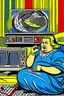 Placeholder: fat woman sitting on sofalistening to radio watching tv news in a room with signs of propaganda in the style of roy lichtenstein