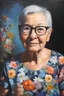 Placeholder: Oil paint on canvas, chiaroscuro, deep shadows, masterpiece, happy, 2020 caught off guard, 79-year-old Phyllis Kendall, short buzz-cut straight, dark salt and pepper hair, overweight, blue eyes, great big, round lensed eyeglasses, wearing a black, floral print, short-sleeved, pull-over shirt, dark blue sweatpants, sitting at the computer checking her emails