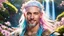 Placeholder: Photo realistic portrait of a gorgeous smiling skinny viking god with a golden dark shining skin, long smooth clear turquoise blue and pink white hair, blue eyes, in a sci-fi outfit with luminous strikes blowing a kiss in a hill of flowers with sakura trees, a waterfall, a crystal palace, loads of mini flowers, moss, sun rays through the branches, particles in the air at spring. Intricated details,