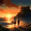 Placeholder: boy and girl, anime style, sunset, beach, rocks, mountains, house