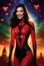 Placeholder: 3D bubbles, 3D hearts, sunlight, blue skies, magic, multicolored swirling light, aurora borealis, UFOs, Devil's Tower, fireflies, facial portrait of Megan Gale as Vampirella smiling a big bright happy smile, wearing a red sling suit with a gold/yellow bat emblem on the lower stomach area, and black boots, professional quality digital photograph, happy time