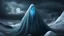 Placeholder: an ice ghost undead deathless, faceless; horrible grimace, monster, horrifying ice wraith, floating hovering; evil spirit, bright blue eyes, a shimmer of blue magic; frozen landscape, glacier in the background; dark skies, night time, full moon, storm clouds; stony ground, icy rocks;