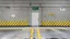 Placeholder: wall design for parking garage, concrete, yellow painted hazard lines, weathering and water stains, in middle is a doorway with small window, with a sign is above. rough painted hashmarks and parking lines, add signage found in a parking garage.