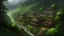Placeholder: A hyperrealistic digital painting, in the style of a detailed architectural rendering, depicting a village nestled in a lush, vibrant green valley, shrouded in a heavy downpour. The focus is on several intricately detailed houses with roofs constructed entirely of large, overlapping feathers—various shades of brown, grey, and white, subtly iridescent in the rain. The feathers are thick and densely packed, creating a textured, almost fluffy appearance, contrasting with the sleek, dark grey ston