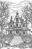 Placeholder: /imagine/ coloring pages, spooky Halloween house, cartoon style, medium lines, low detail, black and white