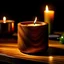 Placeholder: a wooden candle jar with excessive grain, on a table, with lit candle