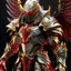 Placeholder: silver and gold knight armor with glowing red eyes, and a ghostly red flowing cape, crimson trim flows throughout the armor, the helmet is fully covering the face, black and red spikes erupt from the shoulder pads, crimson and gold angel wings are erupting from the back, crimson hair coming out the helmet, spikes erupting from the shoulder pads and gauntlets, flying through a hell scape