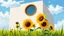 Placeholder: a painterly impressionist depiction of a modern building with a large circular window, filled with orange framing, set against a bright blue sky with soft clouds. The building's exterior is a textured off-white. In the foreground, vibrant green grass and several sunflowers in various stages of bloom are depicted with bold, energetic brushstrokes. The scene captures a bright, sunny day with strong contrasts between light and shadow, rendered in a style reminiscent of oil painting with visible bru