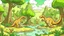 Placeholder: Cartoon illustration for children: jurassic millions of years ago, with towering prehistoric trees, bubbling mud pits