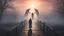 Placeholder: walking straight ahead over a wooden bridge, holding the angel of death with your right hand, entering the fog at the end of the road that leads to the afterlife, and a beautiful sunset and galaxy's behind the fog, realistic