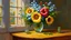 Placeholder: Realistic oil painting, still life of vibrant colorful flowers - forget-me-nots, hibiscus, and sunflowers in a vase on a wooden table, intricate details by Jan van Eyck and Vincent Van Gogh, soft natural lighting from a window.