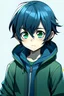 Placeholder: Anime child boy with greenish blue jacket with a black hair and blue mask