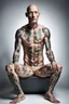 Placeholder: a full body display of a beautiful man with cancer, his skin composed of cancer shaped cells, they cover his entire body like a tattoo, symbolic for wearing his illness on the outside, no hair, in a dramatic pose in a photo studio, he sits with his face slightly hidden as he is shamed, lighting with focus on skin, ultra photo realistic, 32k, highly detailed,. selective colors