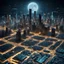 Placeholder: futuristic photo realistic Landscape of city made of circuit board computer chips, Port area , realistic high detail, stary night