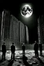 Placeholder: THE MOON HIDDEN SHADOWY FIGURES beuracracy in old abandoned skyskraper meeting big brother STYLE OF HIROKU OGAI