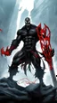 Placeholder: Venom symbiote with kratos red tattoos and Clothes, holding blade of choice