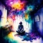 Placeholder: create a watercolour painting , a drug-addicted person is depicted sitting in a dark and dingy room. However, their mind is depicted as a vibrant and colorful dreamscape. The room's walls are covered in mystical symbols, and the person's eyes are closed, showing the viewer the fantastical world they are escaping to in their drug-induced reverie. Strange and beautiful creatures roam this surreal landscape, and the person's addiction is portrayed as a thin, ethereal thread connecting them to this