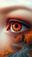 Placeholder: A surreal artwork featuring a human eye with an orange iris set against inside a backdrop of autumnal trees and mountainous scenery. The eye's contours blend seamlessly into the landscape, with a winding road visible in the foreground. The image contrasts soft facial features with vibrant natural elements, creating a dreamlike effect. The overall color palette includes warm oranges, browns, and cool grays, enhancing the sense of harmony between the human and natural worlds.