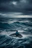 Placeholder: Man sitting in a boat rowing In an rough waves of ocean trying to reach an island in a distance in a bad stormy wether