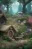 Placeholder: lac turquoise, petit rocher avec mousse, hobbit house,great flower fleurs pink and white, champignon, elfe très beau, etoile filante, cristaux, vray, cgi