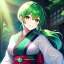 Placeholder: girl, masterpiece, best quality, volumetric lighting, detailed outfit, perfect eyes, green hair, green eyes, obi, low ponytail, smile,