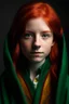 Placeholder: A girl with red hair and green eyes and she is wearing a Hogwarts robe