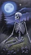 Placeholder: A oil painting of a skeleton sitting in the grass on the top of a hill, lookin into the night sky. A Forrest in the background. Painting. Purple colours. Blue colours. Night. Melancholic mood. Colorful.Pastel colours. Masterpiece.